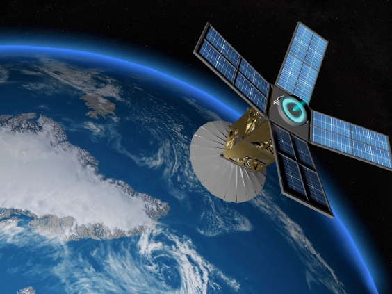 A satellite viewed from space with Earth below it