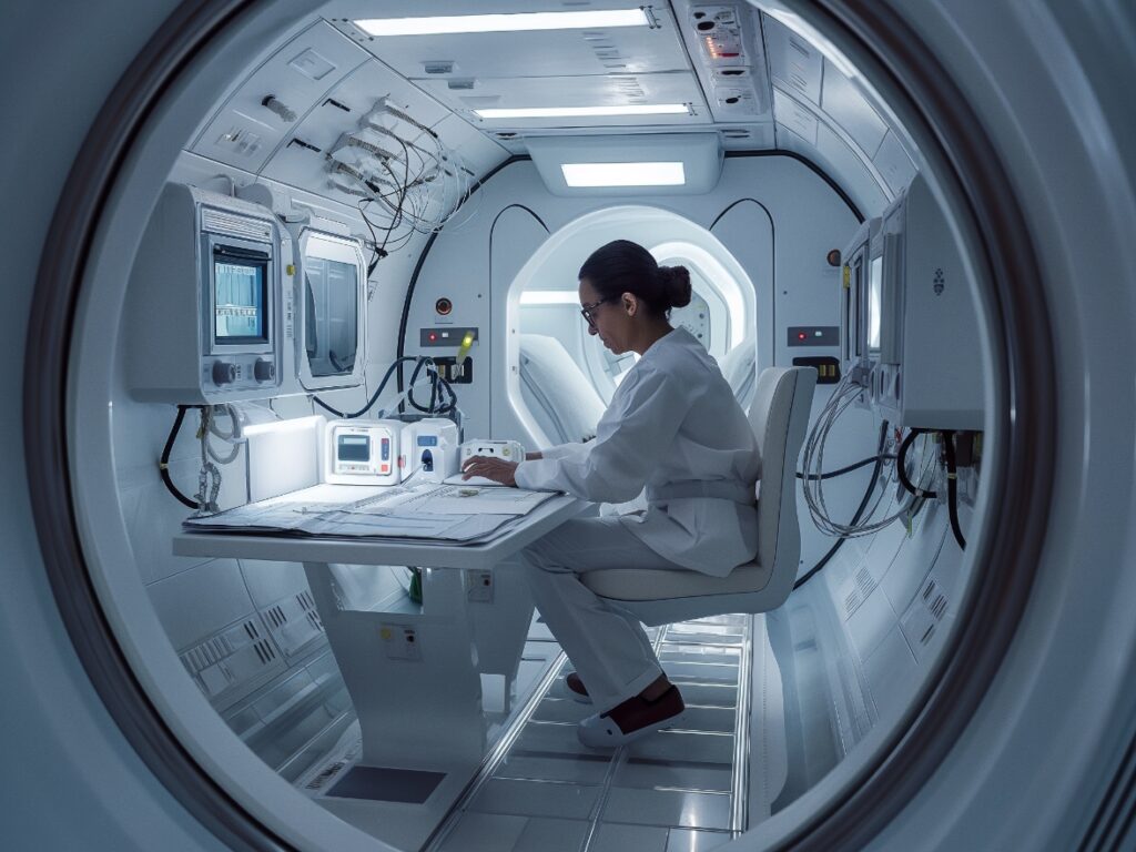A woman works at a desk inside a spacecraft