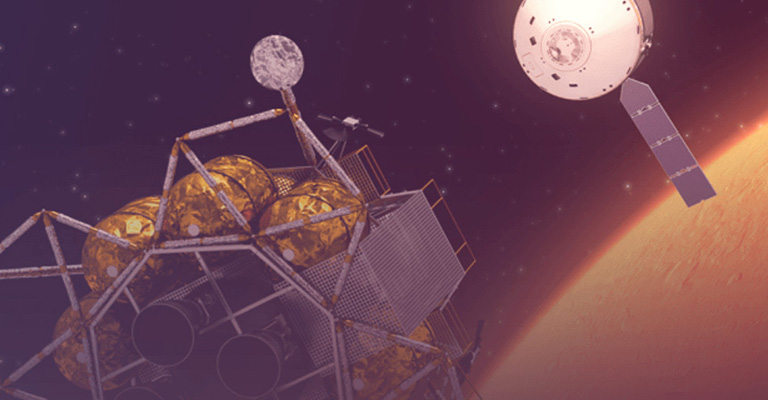 Illustration of a satellite and rocket in space over Mars