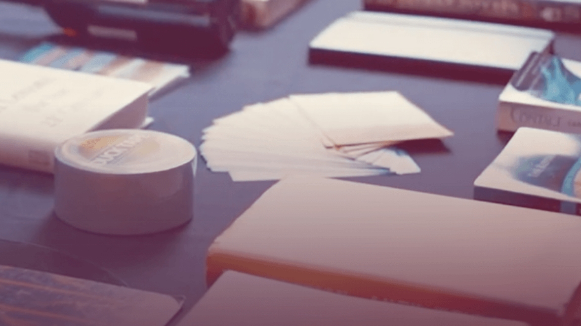 Books and cards on a table