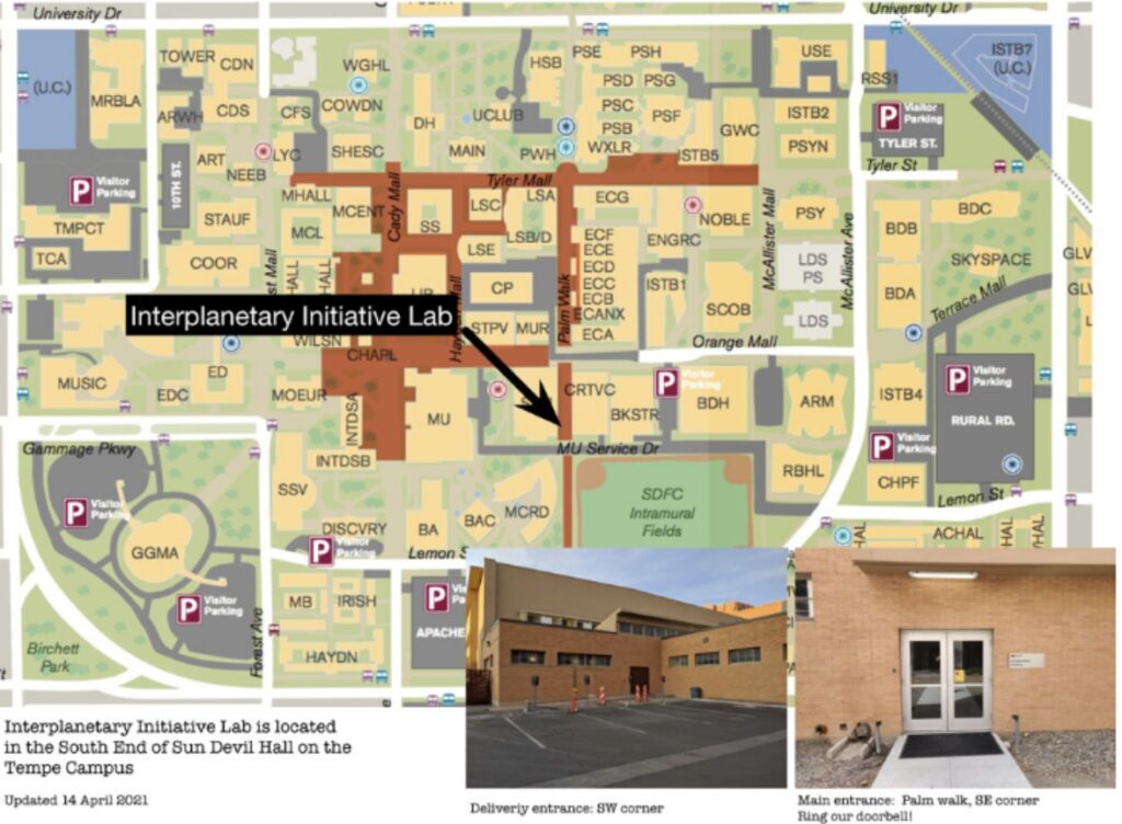 Map shows the Interplanetary Initiative Lab located in the south end of Sun Devil Hall on the ASU Tempe campus