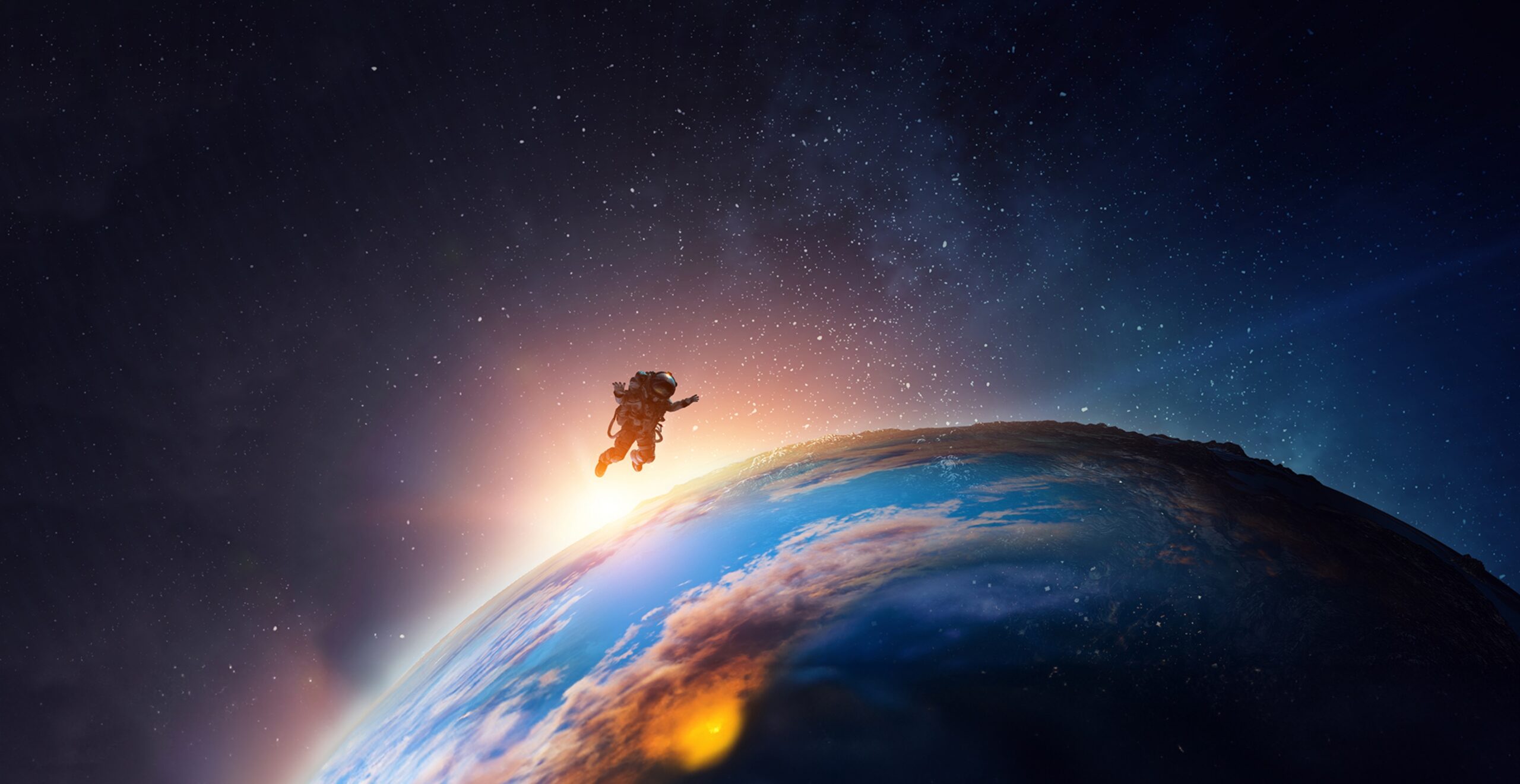 Artist's rendering of an astronaut floating in space with Earth below