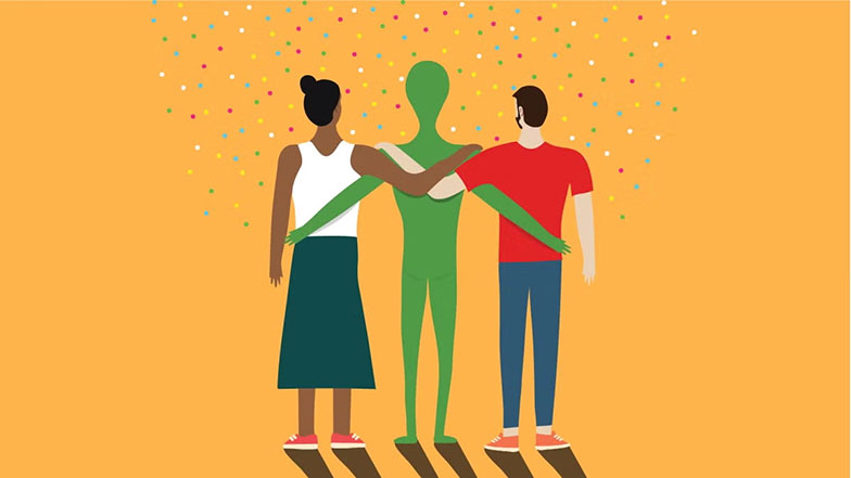 Artist rendering of lien figure in center with arms around two people on each side,