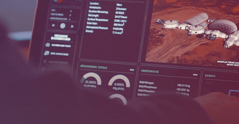 A laptop displays the SIMOC interface showing a simulated compound on Mars