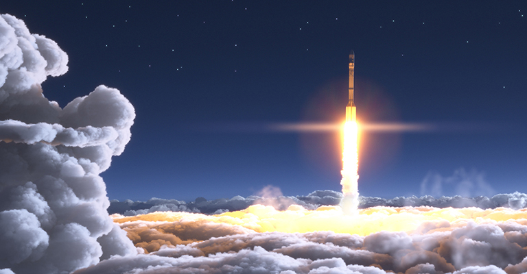 A rocket emerges above the clouds against a starry sky