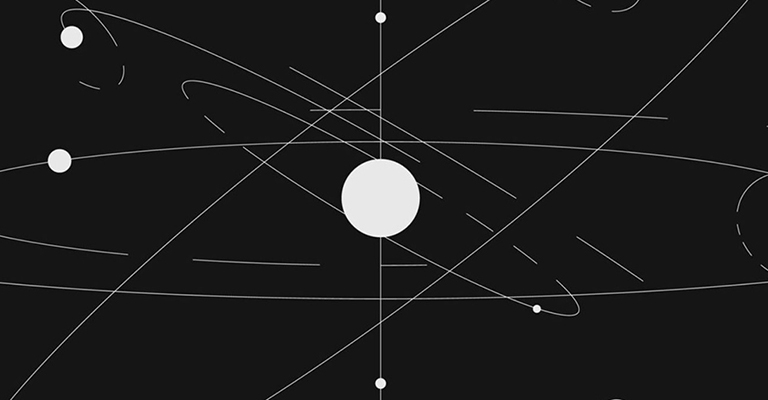 Illustration showing various orbital paths of small circles around larger circles