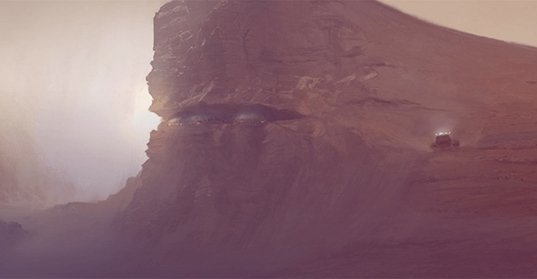 Rendering of a rover driving on the surface of Mars