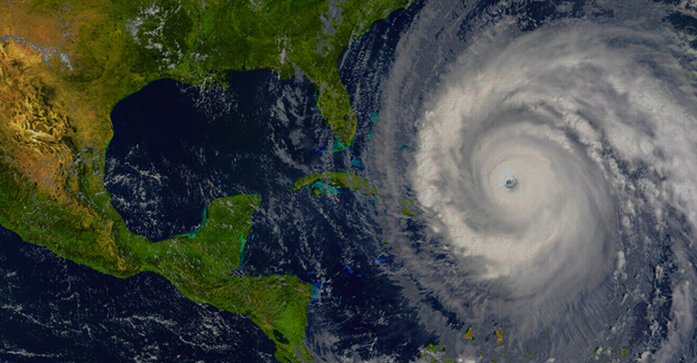 A hurricane above the Atlantic ocean seen from space