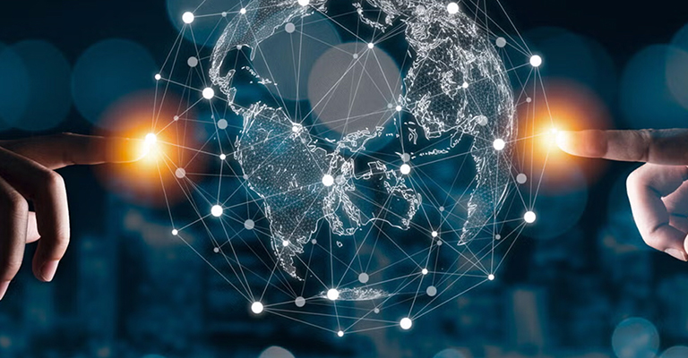 Fingers pointing from the right and left sides glow where they touch an illustration of a networked globe