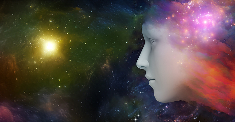A human face in profile against a colorful background of stars and nebulae