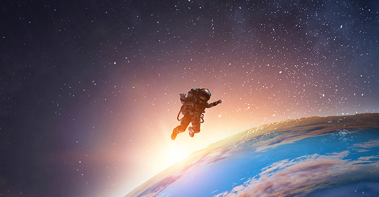 Illustration of an astronaut hovering in space above the Earth