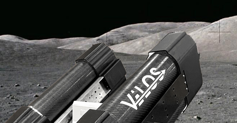 The ASU-designed VELOS launcher and probe system against a background of the moon's surface